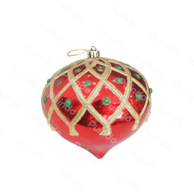 China Puindo Christmas Decorations 8cm Customized Red Onion Shape Christmas Ornament Ball A13 Plastic Hanging Christmas Tree Ball With Glitter For Holiday Decor for sale