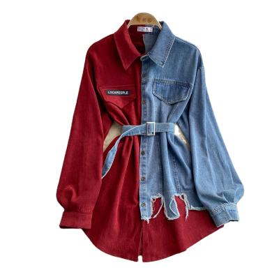 China Other Denim Stitched Lapel Dress 2021 HSC-KH-003 Korean Version Slim Irregular Middle Length Slim Shirt for sale