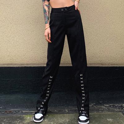 China Breathable Punk Rivet Solid Double Split Skinny Wide Leg Pants High Waist Streetwear Chic Sweatpants Harajuku Women Joggers Slit Pants for sale