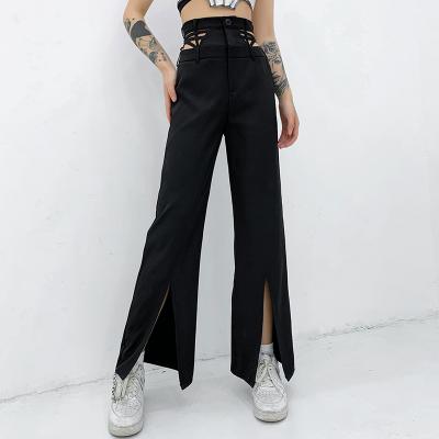 China Ecowalson Fashion Breathable Hollow Pants Women Solid Black Elastic Waist Loose High Rise Straight-Leg Pants Casual Streetwear Outfit for sale