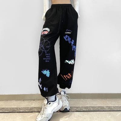 China Ecowalson Streetwear Black Pants Korean Loose Casual Print Wide Leg Pants Women Harajuku Sweatpants Breathable High Waist Joggers for sale