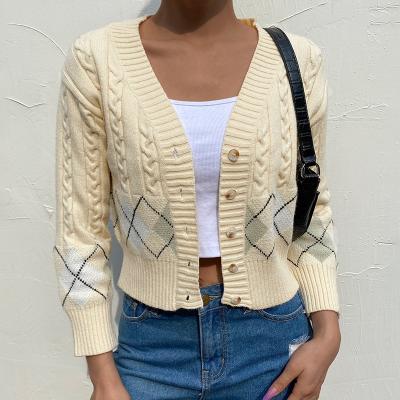 China Viable Diamond Lattice Cardigan Women's V-Neck Knitted Shorts Jacket Women 2021 New Knit Sweater Women Casual Tops for sale