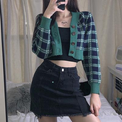 China 2021 Viable V-neck Autumn Winter England Style Vintage Plaid Women's Sweater Tops Long Short Sleeve Knitted Cardigan Sweaters for sale