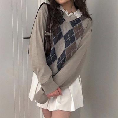 China Small Fresh All-match Autumn Diamond Check Knitted Top 2021 QUICK DRY Fashionable Women's Sweater College Style New for sale