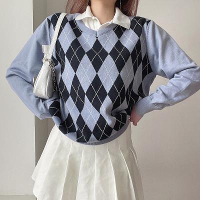 China 2021 Autumn Winter New Fashion Diamond Check Loose Versatile Womens Sweaters British College Style Sweaters QUICK DRY for sale