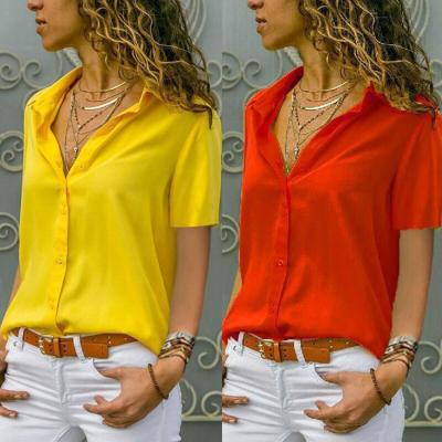 China Viable Women's Solid Color V Button Up Women's Short Sleeve Shirt In Stock for sale