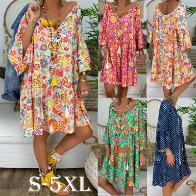 China Women Boho Summer Long Sleeve Vacation Beach Anti-static Floral V-Neck Flare Sleeve Shirt Dress Loose Dress Plus Size S-5XL for sale