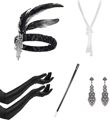 China 1920 Vintage Long Party Flapper Costume Gatsby Accessories Fashion Gloves Bracelet Set Necklace Earrings Cigarette Headband For Women 1920 for sale