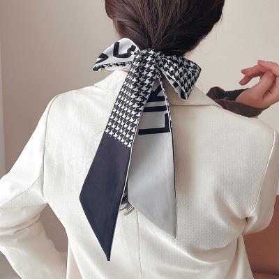 China Chiffon Plus Size Fashion Print Check Grace Long Ribbon Bow Lady Headdress Scrunchie Ponytail Holder Tie Women Scarves Silk Hair Band for sale