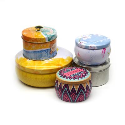 China Gift & Luxury Craft Round Customize Printed Small Tea Tin Can Seamless Metal Packing Candle Tins With Lid for sale