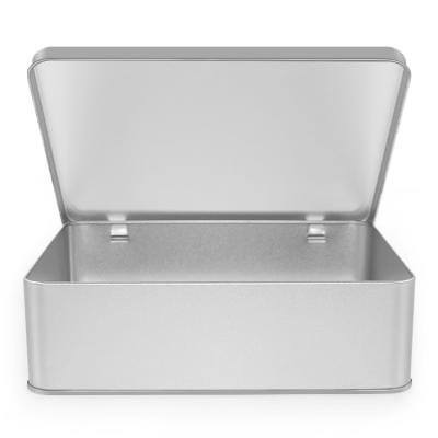 China Food Box Container Cookie Tins Box For Sale Large Empty Food Grade Hinged Lid Metal Packaging Rectangle Silver Tinplate Customized for sale