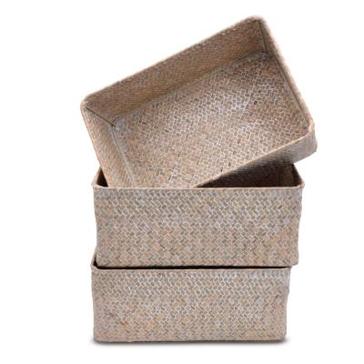 China Viable Useful Rectangle Straw Woven Vegetable Plankton Storage Organizer Basket Tray as Grocery Storage Man for sale