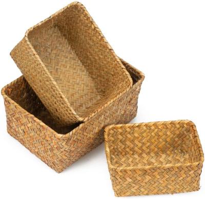 China Viable Set of 3 Straw Woven Seagrass Gift Basket Set to be as Office Groceries Storage or Hamper Food Basket for sale