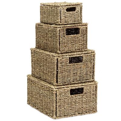 China 4 Sets Sustainable Rectangle Woven Straw Rope Plant Plankton Storage Box With Lid To Be Storage Home Basket for sale