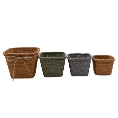 China Sustainable Square Paper Handmade Rope Storage Basket With Bowknot For Wholesale Household Decorative And Beautiful Flower Pot for sale