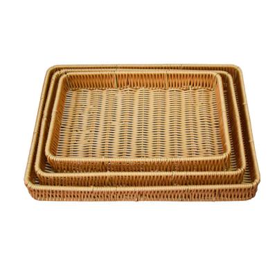 China Viable Woven Plastic Wicker Basket Storage Organizer 3sets As Basket Fruit Food Basket Man Holder Cane Rattan Straw Basket Storage for sale