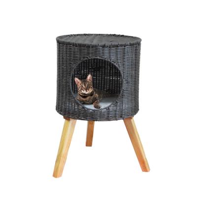 China New Hobby Pet Cage Storage Handmade Weaving Woven Basket with Soft Mat and Wooden Shelf as Pet House Bed for sale