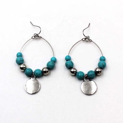 China FASHIONABLE High Quality Cute Circle Wire Turquoise Beads Hammered Alloy Disc Earring For Women for sale