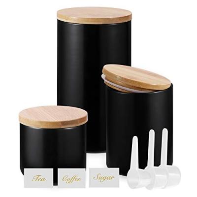 China Freshness Preservation Yangbaga Storage Jars Set Ceramic With Bamboo Lid, 3PCS Coffee Pots With Spoon And Lables, White for sale