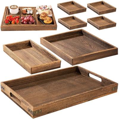 China Home Hotel Restaurant 7 Piece Set-Nested Multifunctional Tray For Coffee Table/Butler-Light Rustic Wood Serving Tray And Strong Paulownia With Handle for sale