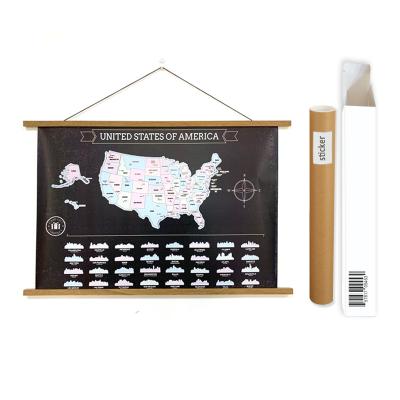 China Walnut /Teak/Marupa/Oak Travel Mapping Under Scratch Off The World Map USA Poster Gold Coating for sale