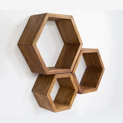 China New Product Modular Nursery Room Wooden Floating Wall Shelves Hexagon Wall Shelf Floating Wood for sale