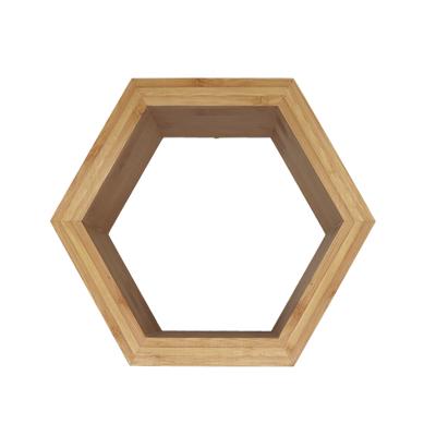 China Home Decoration Living Room Frame Wall Hexagon Natural Wood Shelf Modular Floating Wooden Shelves for sale