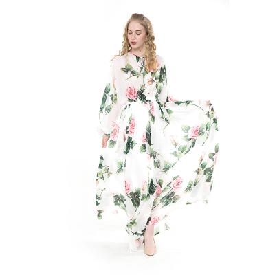 China Anti-Static Women's Rose Printed Long Sleeve Chiffon Maxi Dress With Keyhole Front Neck for sale