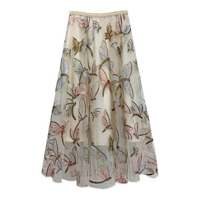 China Antistatic soft mesh skirt with sequins and embroidery embroidered mesh skirt in pink for sale