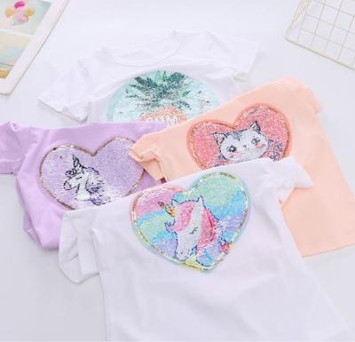 China Breathable 3-8 Years Girls Cotton Short Sleeve T-Shirt With Heart Applique Sequins At Front for sale