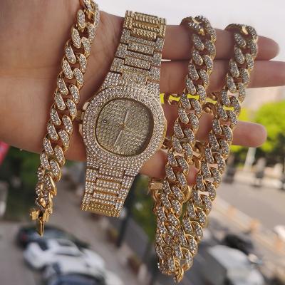 China Comfort Fit 12MM Hop Glazed Outlet Full CZ Zircon Gold Plated 13MM Cuban Link Bracelet Chain Necklace Quartz Watch Jewelry Set for sale