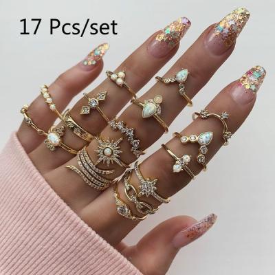 China CLASSIC Women's Bohemian Valentine's Day Gift Gold Plated Color 17 Piece Set Rings Set Leaf Crystal Opal Jewelry Joint Party Finger Ring for sale