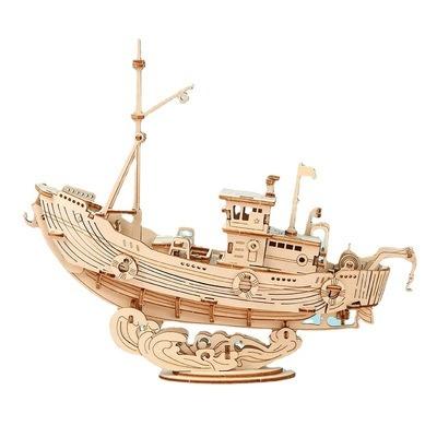 China Educational Children's Eco-Friendly Intelligence Wooden Boat Blocks 3D Toys Harvest Fishing Boat Model Toy DIY Wooden Boat Puzzle Toy for sale