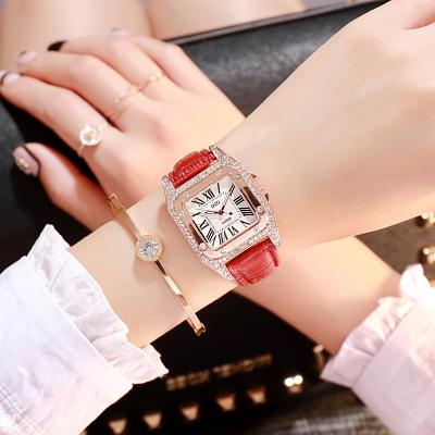 China Water Resistant Fashion Ladies Leather Watch Simple Square Roman Numeral Water Crystal Women Watch Wholesale for sale