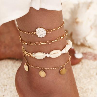 China Romantic Cheap Simple Bohemian Vintage Natural Shell Coin Tassel Beaded Cuban Anklets for sale