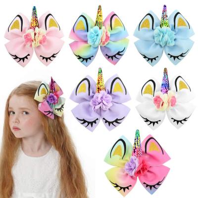 China High Quality Girls Unicorn Hair Bows Lady UNIQ Fashion Pretty Girls With Alligator Hair Clips Encourage Bows Hair Accessories For Kids for sale