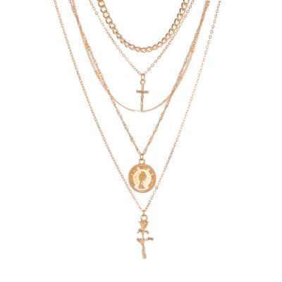 China UNIQ Gold Choker Coin Chain Multilayered Multilayered Rose Flower Cross Pendant Necklaces Jewelry for sale