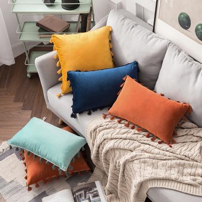 China Folded Soft Solid Velvet Tile Decorative Cover With Tassels Fringe Boho Accent Cushion Case For Couch Sofa for sale