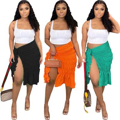 China Anti-Static Sexy Solid L99894 Orange Pleated Slit Midi Skirt for sale