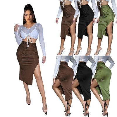 China Breathable Dress Summer Solid Black Ruched Thigh Slit Skirt for sale