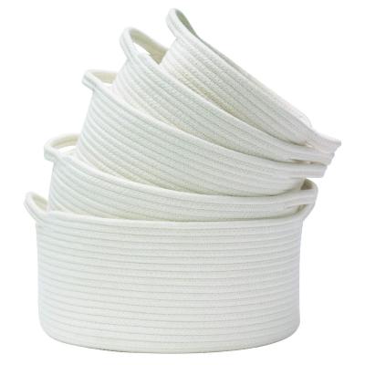 China Sustainable Woven Basket 5 Cotton Rope Bin Set, Small White Basket Organizer For Baby Nursery Laundry Kid's Toy for sale