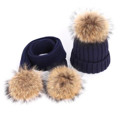 China COMMON Soft Warm Pom Pom Beanies Hat Scarf Suits Raccoon Hair Ball Wool Fahion Knit Hats for sale