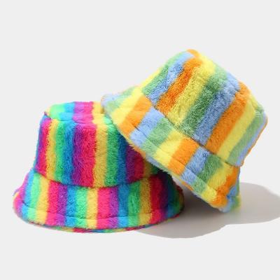 China Japan and Korean style rainbow striped plushFisherman hats Newly fashion Big Eaves Retro-thickened warm bucket hat for sale