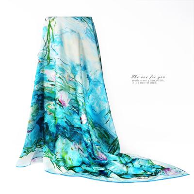 China Square 106*106cm Hand Rolled Square Silk Towel Lily Plain Crepe Satin Large 100% Water Scarf Gift Shawl Female Oil Painting Silk Scarf for sale