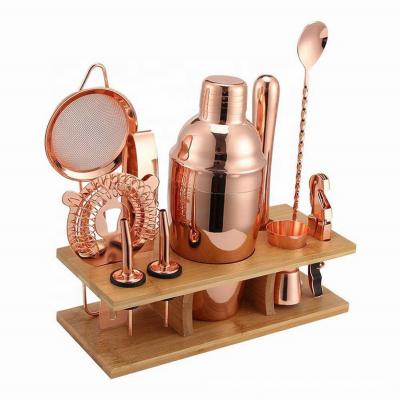 China Amazon Hot Selling Metal Mounted Gold Bartender Kit Holder Bar Tool Bamboo Cocktail Shaker Set for sale