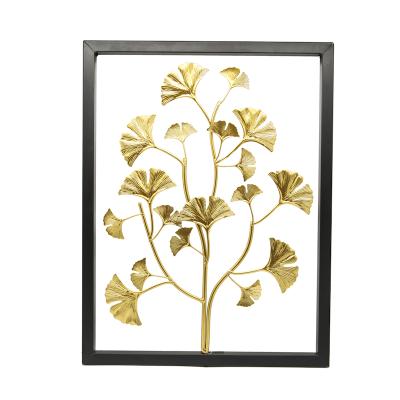 China Minimalist Gold Ginkgo Leaves Metal Wall Decor with Frame, Metal Art Wall Gold Sculpture for Living Room Office Study Metal Wall Decor for sale