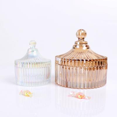 China Home Decor 12 oz Large Light Iridescent Storage Candy Glass Jars 13 oz with Glass Lid for Making Candles for sale