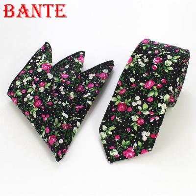 China Fashion 6cm Width Floral Tie With Pocket Square Pure Cotton Colorful Thin Ties For Groom Skinny Necktie Wedding Ties For Men for sale