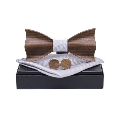 China Classic Wooden 3D Bow Tie Set Solid Color Pocket Square With Cufflinks For Men's Wedding Party Meeting for sale