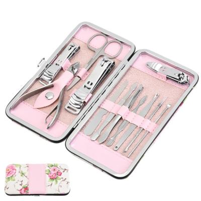 China 2022 Beauty Right Handed Scissor Cuticle Nipper Sets 12pcs Set Pink Leather Bag Package Nail Clipper Kit for sale